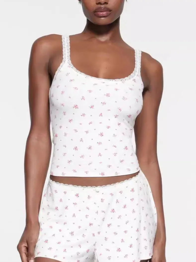 

New Lace Floral Trim Strap Vest Women Svel Slimming Innerwear Outerwear Base Top Sexy Sle ort Length Floral Pattern