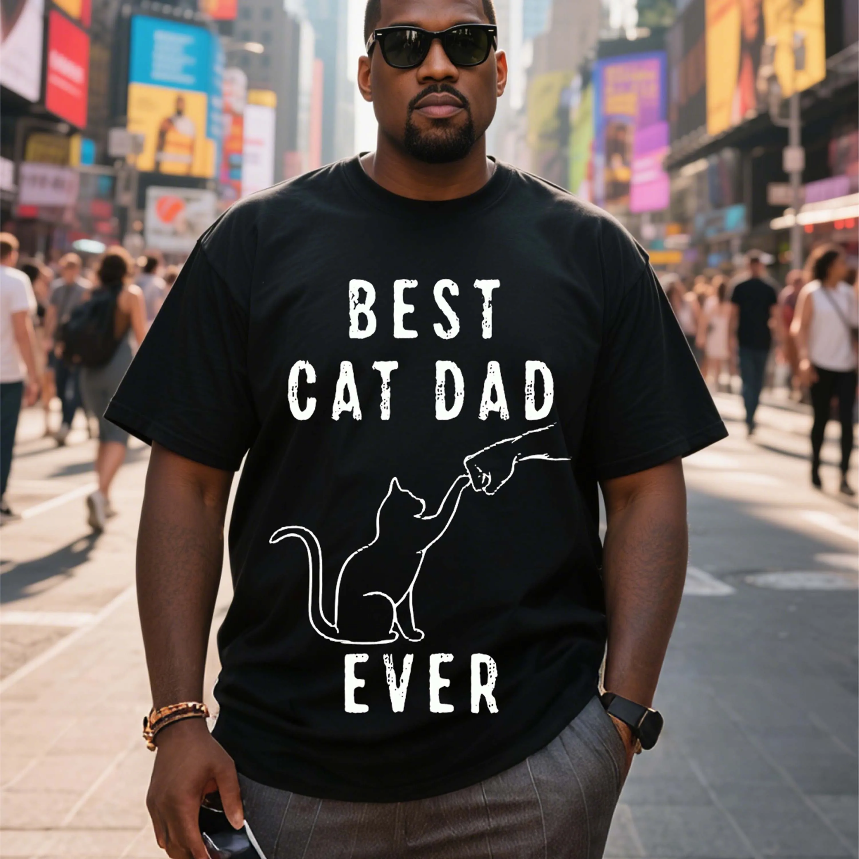 Czarna koszulka plus size z krótkim rękawem i nadrukiem kota oraz napisem „Najlepszy tata dla kota w historii”, odpowiednia do noszenia na świeżym powietrzu latem.