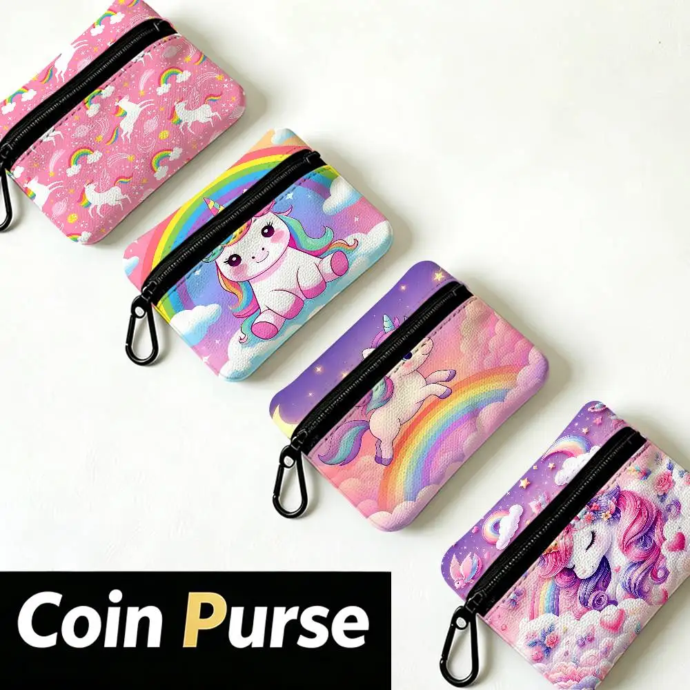Cute Rainbow Unicorn Waterproof Oxford Cloth Zipper Wallet Portable Hanging Small Coin Purse For Travel