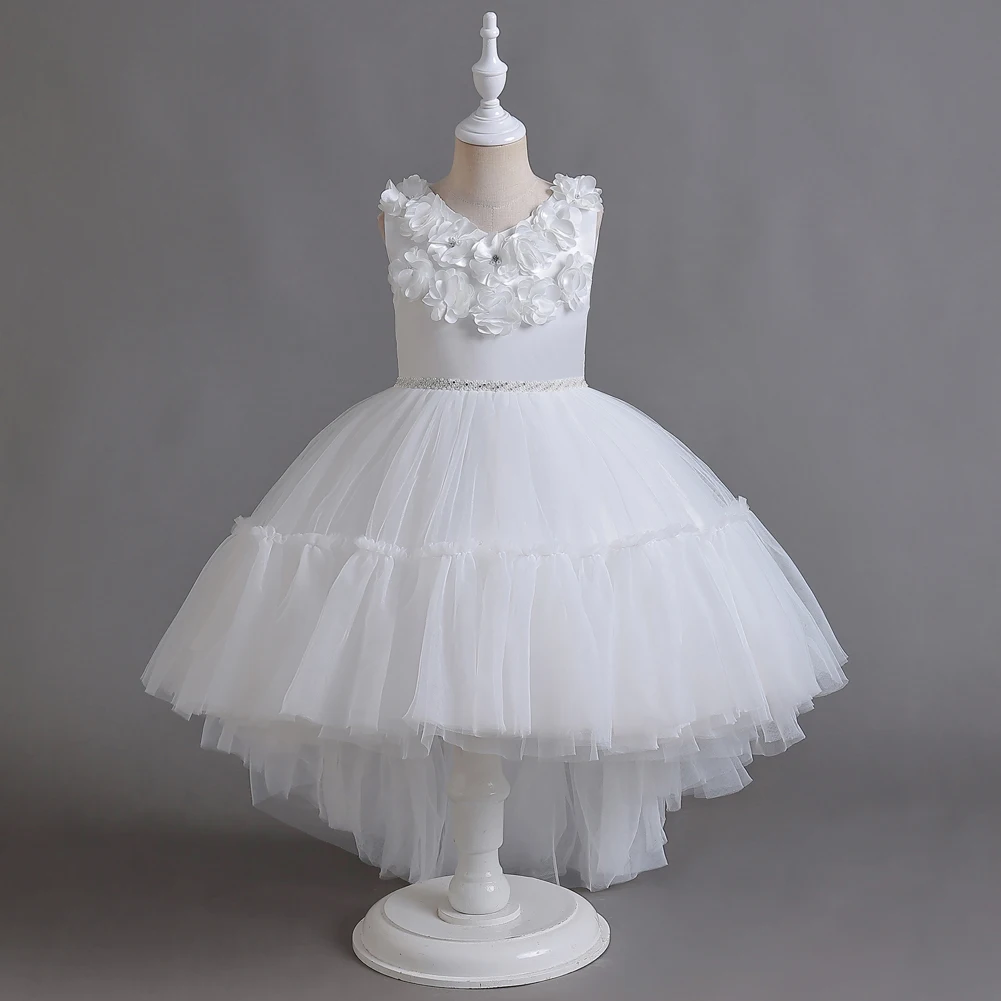 White flower girl princess dress suitable for 3 TO 12 YEar bridesmaids wedding dress with a trailing tail