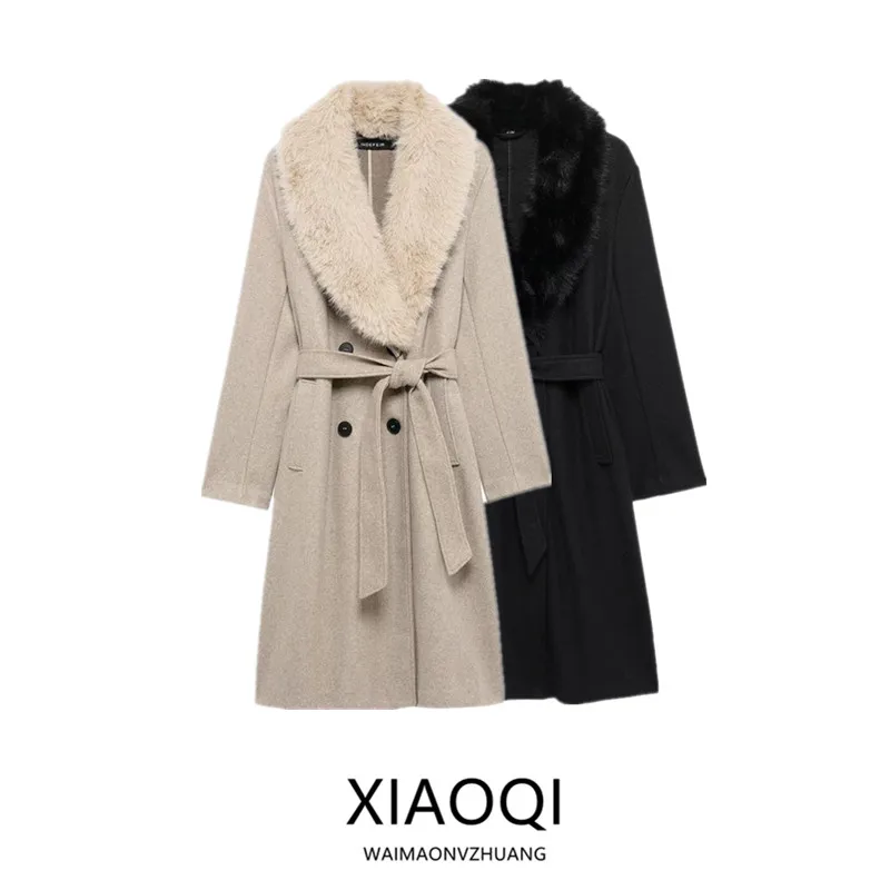 

Faionable Artificial Fur Effect Coat with Belt Stand Collar Long Sve Mid-Length Women's Winter New Sle Commute Sle