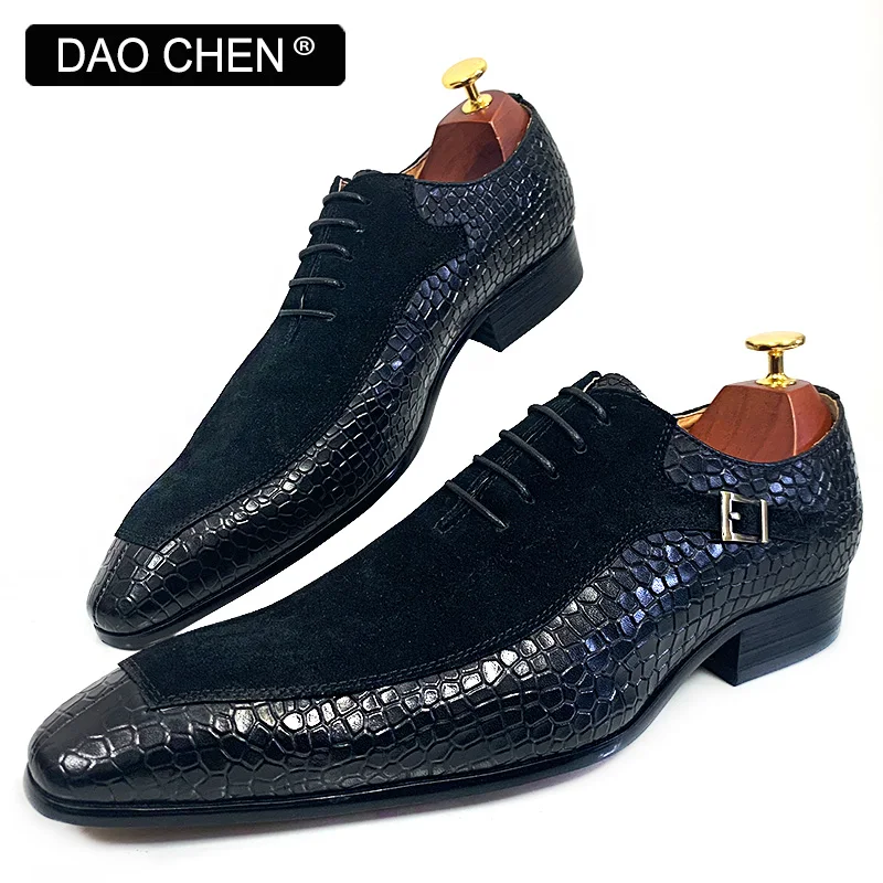 LUXURY MEN OXFORD SHOES LACE UP POINTED BLACK MACARON MEN DRESS SHOES SUEDE PATCHWORK CROCODILE PRINTS LEATHER SHOES MEN