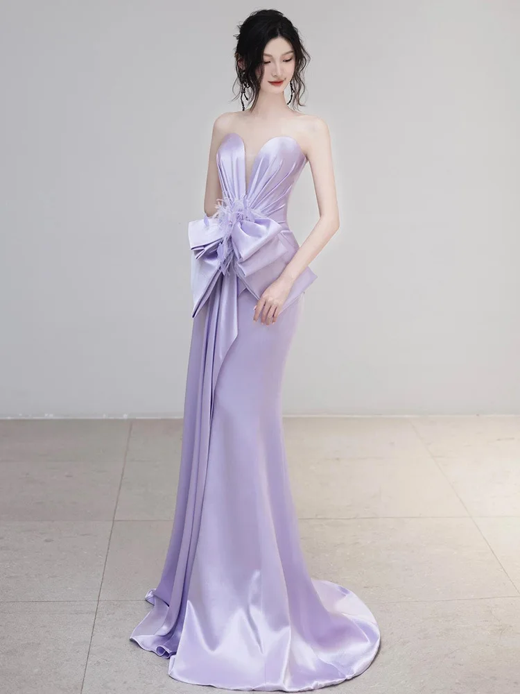 Purple 2024 New Elegant Prom Dress For Banquet Annual Meeting Stain With Bow Appliques V-neck Party Dress Vestido Evening Dress