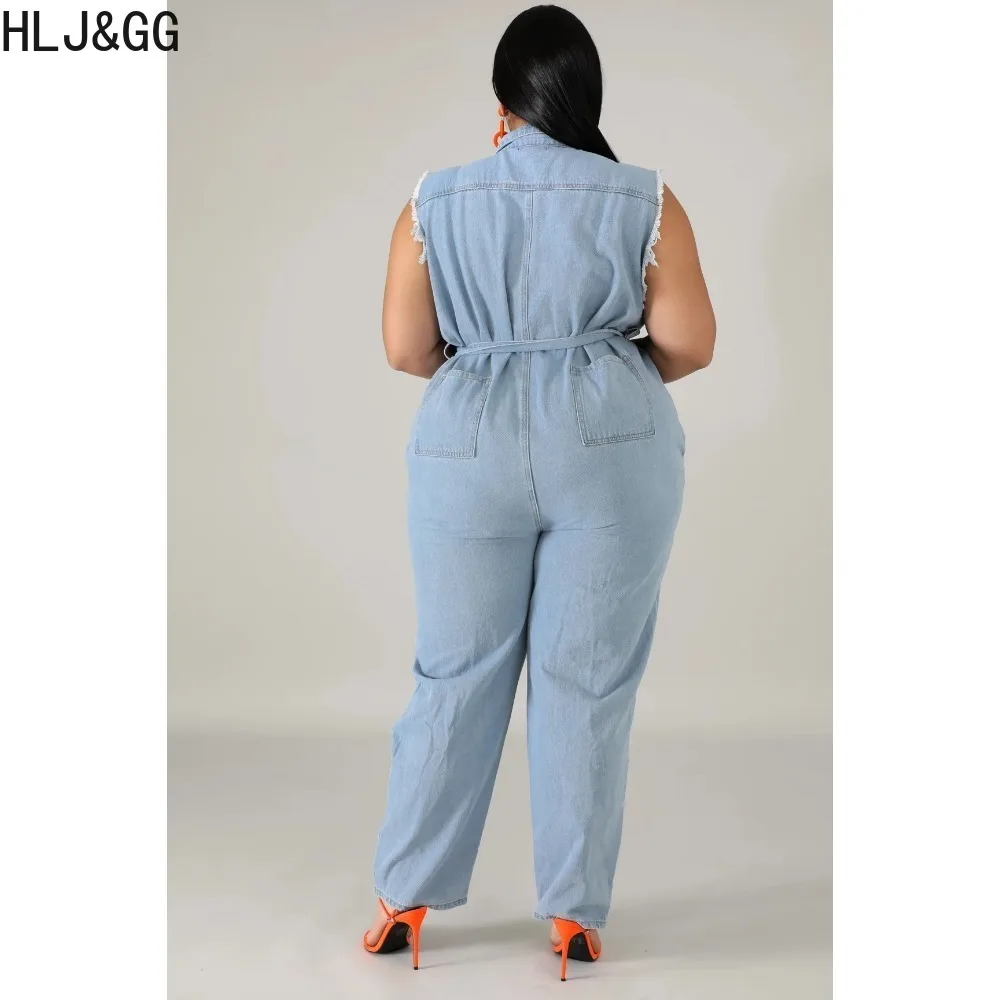 HLJ&GG Plus Size Blue Fashion Denim Hole Bandage Jumpsuits Women Turndown Collar Sleeveless Lace Up Playsuits Female Overalls