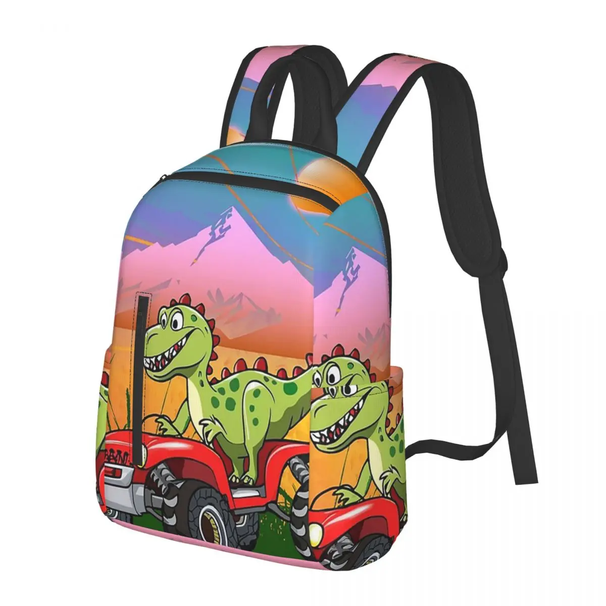 

Cartoon Dinosaur And Truck With Sunset Student Backpack School Bag Hiking Travel Daypack for Boys Girls Bookbag Shoulder Bags