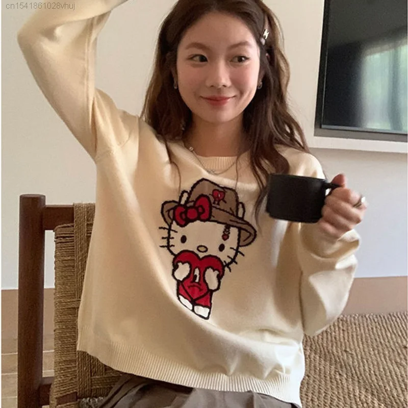 Sanrio Hello Kitty Kawaii Gray Sweater Women\'s Y 2k Cute Anime Long Sleeve Pullover Knit Shirt Academy Campus Style Korean Tops