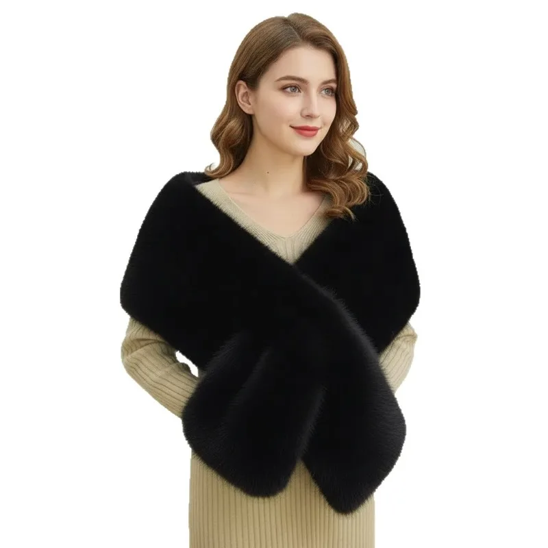 Fotografia 5: Xale de casamento longo em pele sintética para mulheres, com gola removível, capa de luxo com acabamento em pele sintética, ideal para festas e para usar como protetor de pescoço com vestidos de noite.