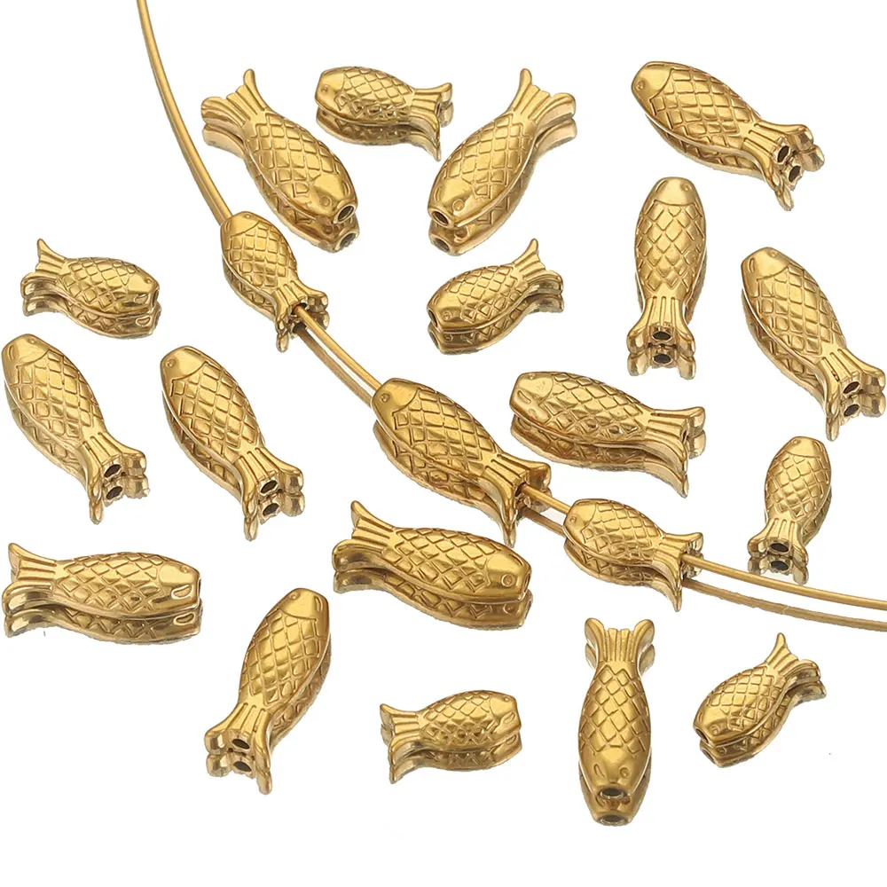 5PCS Stainless Steel Fish Charm Spacer Beads for Bracelets Needlework PVD Gold Plated Metal Necklace Jewelry Making Wholesale