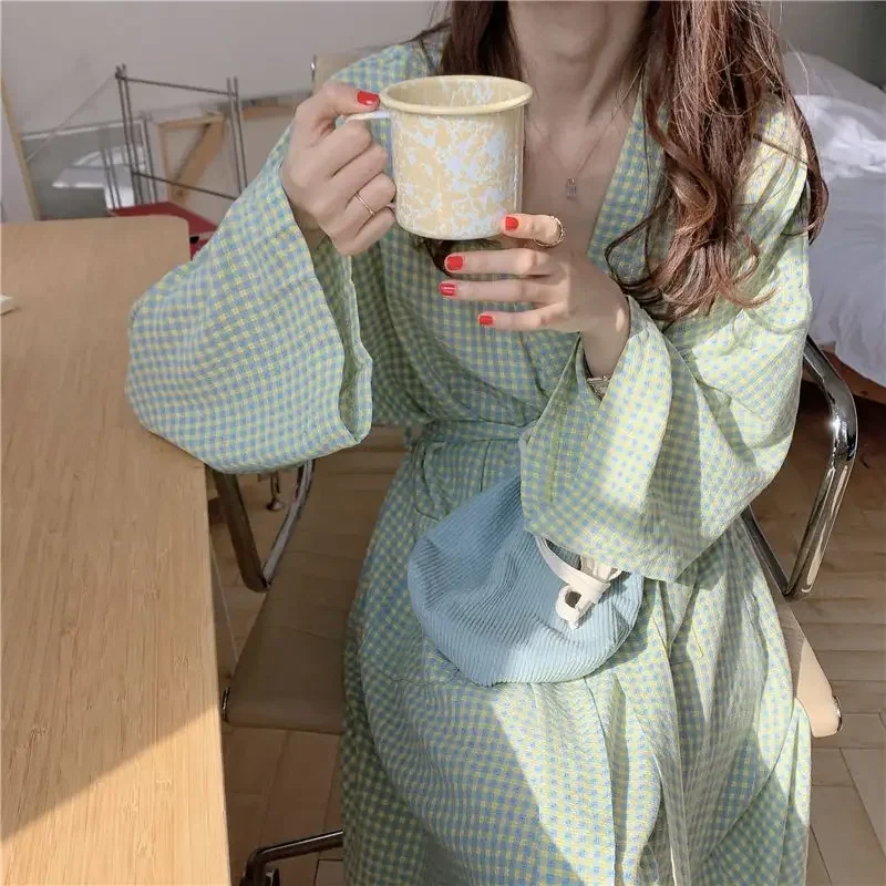 Plaid Robe for Women Sashes Summer Sleepwear Nightdress Japanese Night Wears One Piece Dress Pocket Korean Reviews Many Pajama