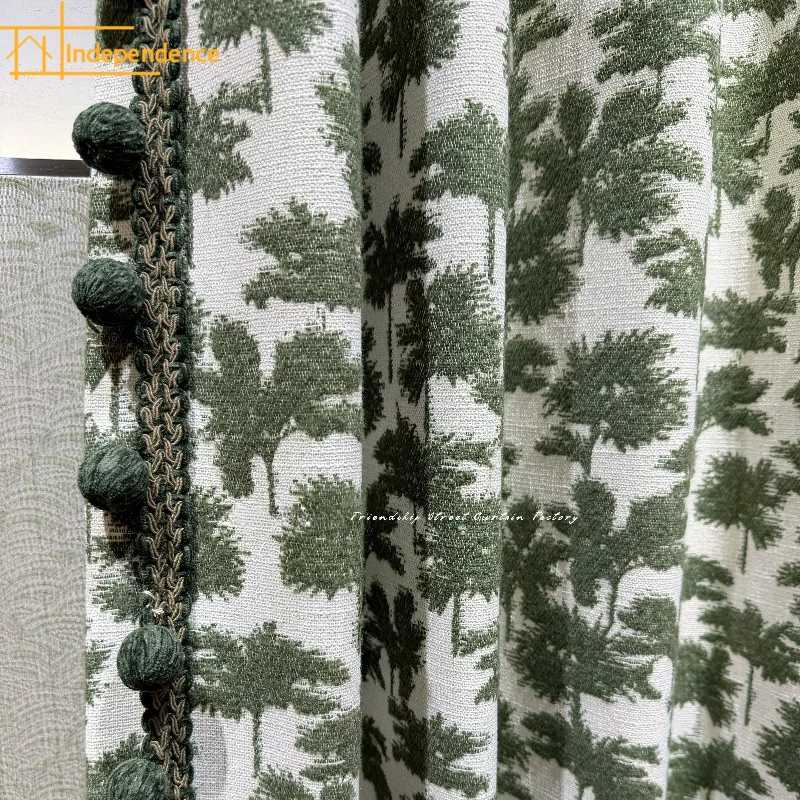 Vintage Forest Coconut Printing Tassel Thickened Chenille Curtains for Bedroom Living Room French Window Customized Finished