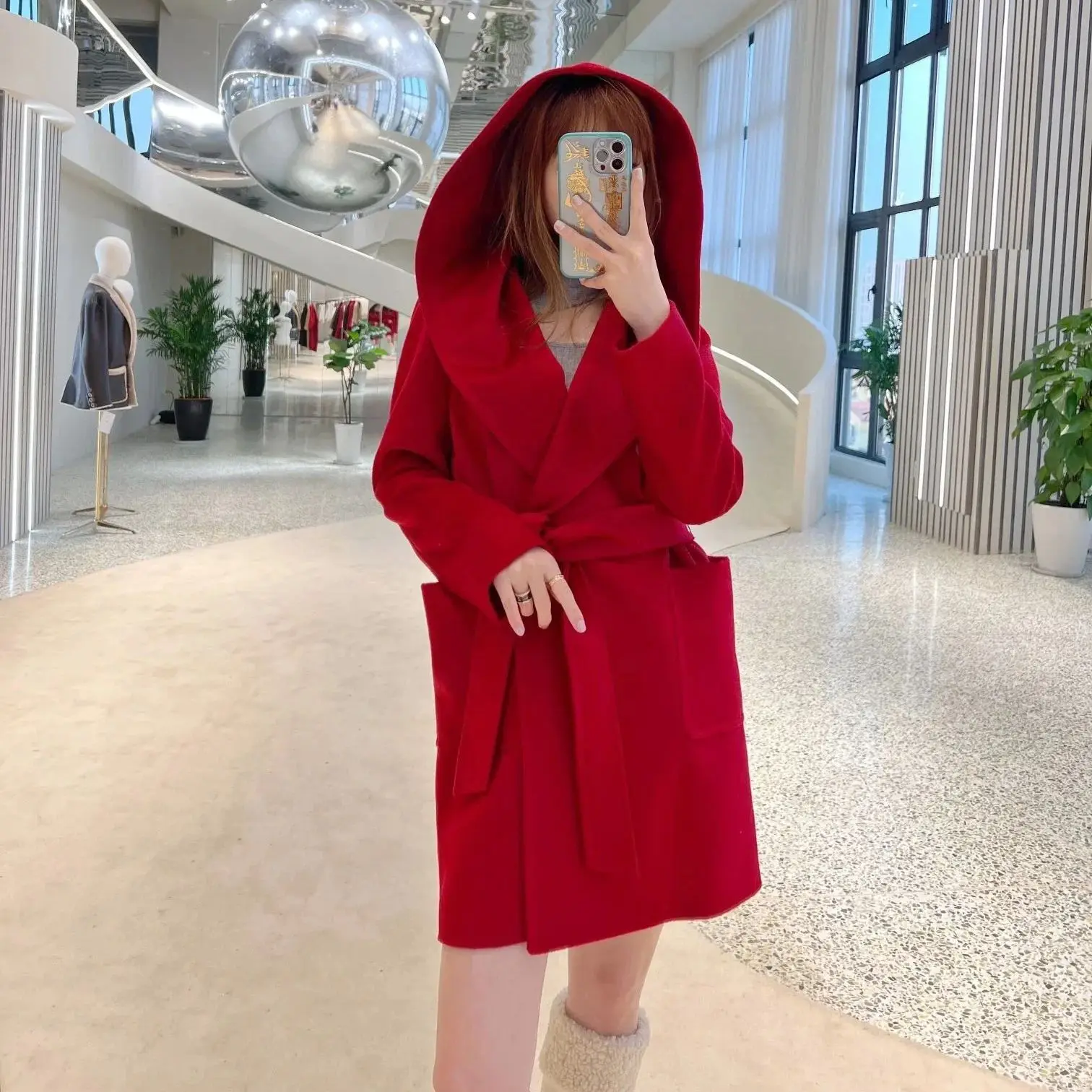 Hooded Coat Women's Long Red Coat 2024 Autumn Winter Classic Water Ripple 100% Camel Fur Black Coat Fashionable Casual CoatR