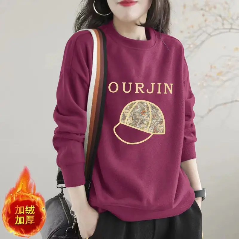 LISM women's winter clothes y2k hoodies sweatshirt 2025 Print Fleece Thick Casual O Neck Long Sleeve Loose Pullover Hoodies