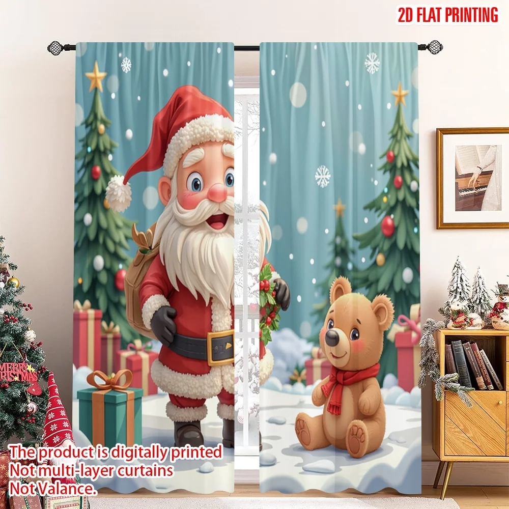 

2pcs 2D flat printing Christmas Party Curtain Cute Santa Claus and Reindeer Christmas Fabric Without Electricity Birthday Party