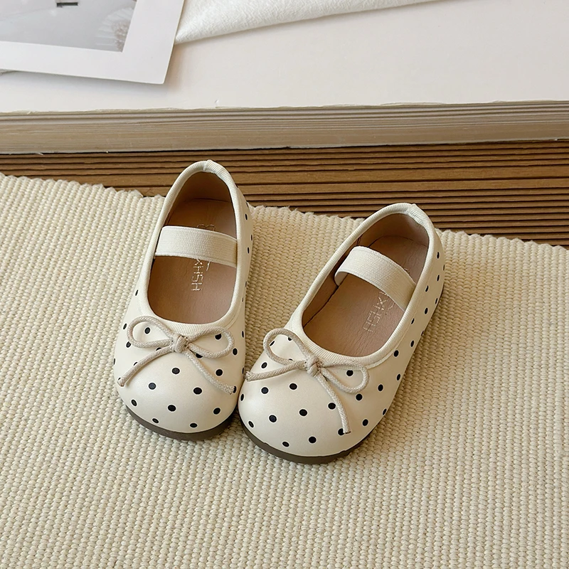

Children Leather Shoes 2026 New Polka Dot Girls Vintage Princess Dress Shoes Elegant Cute Bow Kids Party Ballet Flats Non-Slip