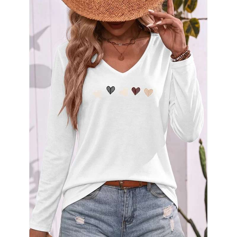 Minimalist Versatile Hand Drawn Line Style Earth Tone Exquisite Heart Pattern Printed V Neck Long Sleeve T Shirt Easy And Warm P