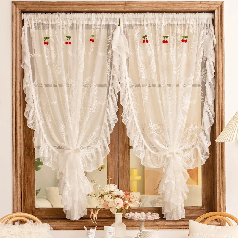 1 PC French Style Ruffle Lace Tulle Curtain With Cherries American Retro White Voile Sheer Drapes For Living Room Bedroom Custom