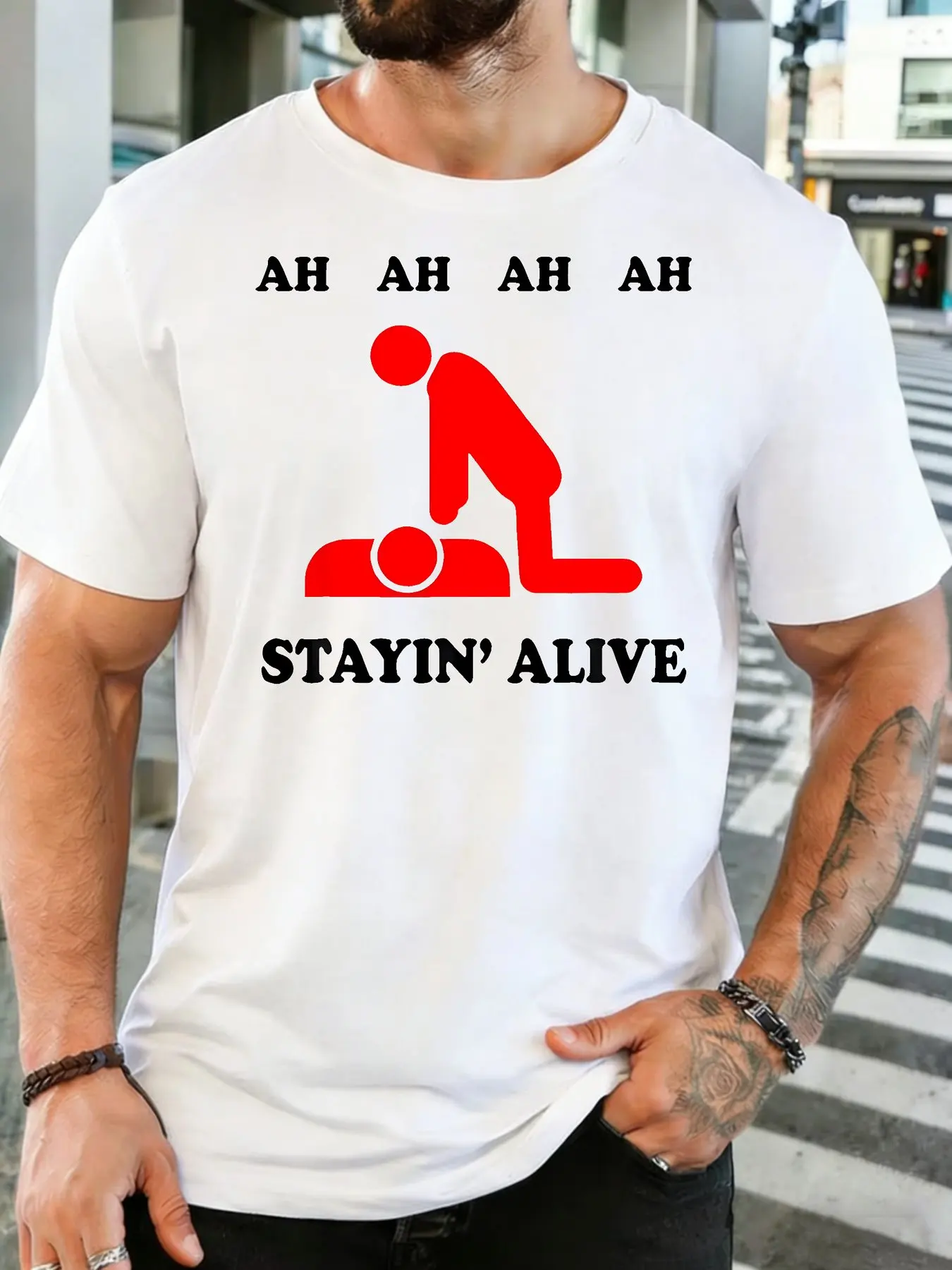 Mens Crew Neck Tshirt Red CPR Resuscitation Man Print Stayin Alive Text Short Sleeve Tee For EMT Lovers Daily Street Outfit