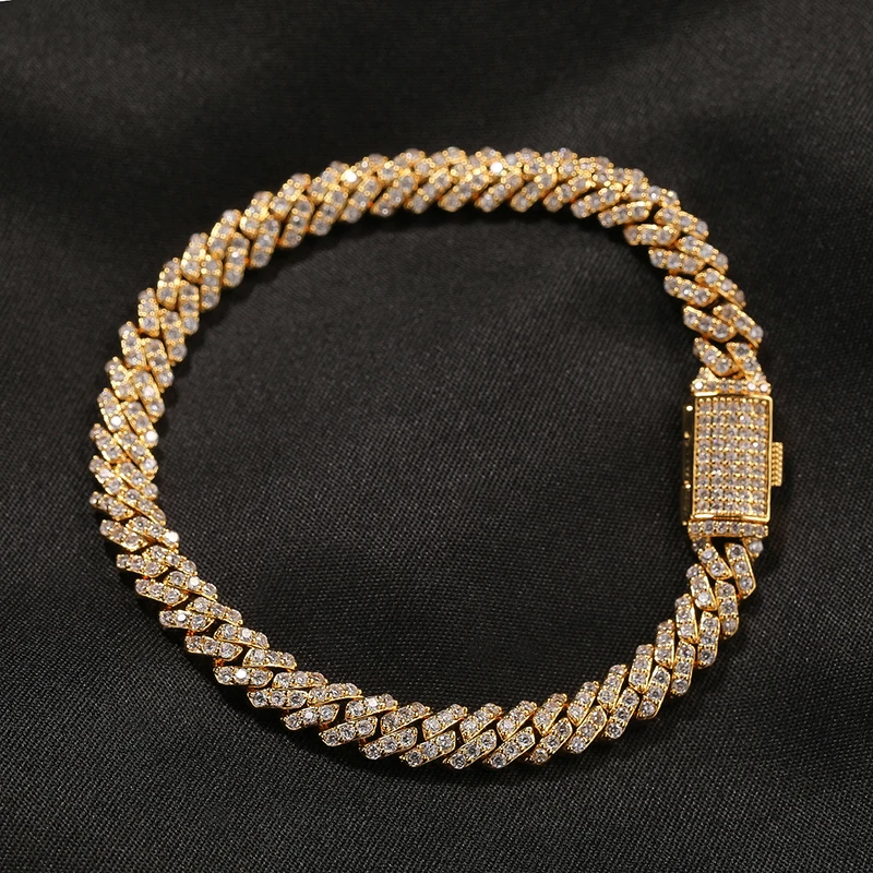 Hip Hop Moissanite Paved Bling Iced Out 6mm Thin Rhombus Cuban Link Chain Bracelets Necklaces for Men Rapper Jewelry Gold Color