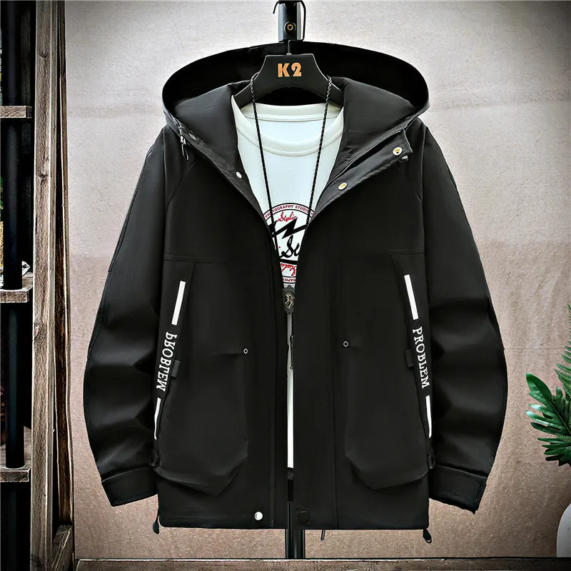 

Fashion Spring Autumn Hooded Jackets Men's Casual Windbreaker Streetwear Loose Cargo Coat Youth Sport Outdoor Solid Top Clothing