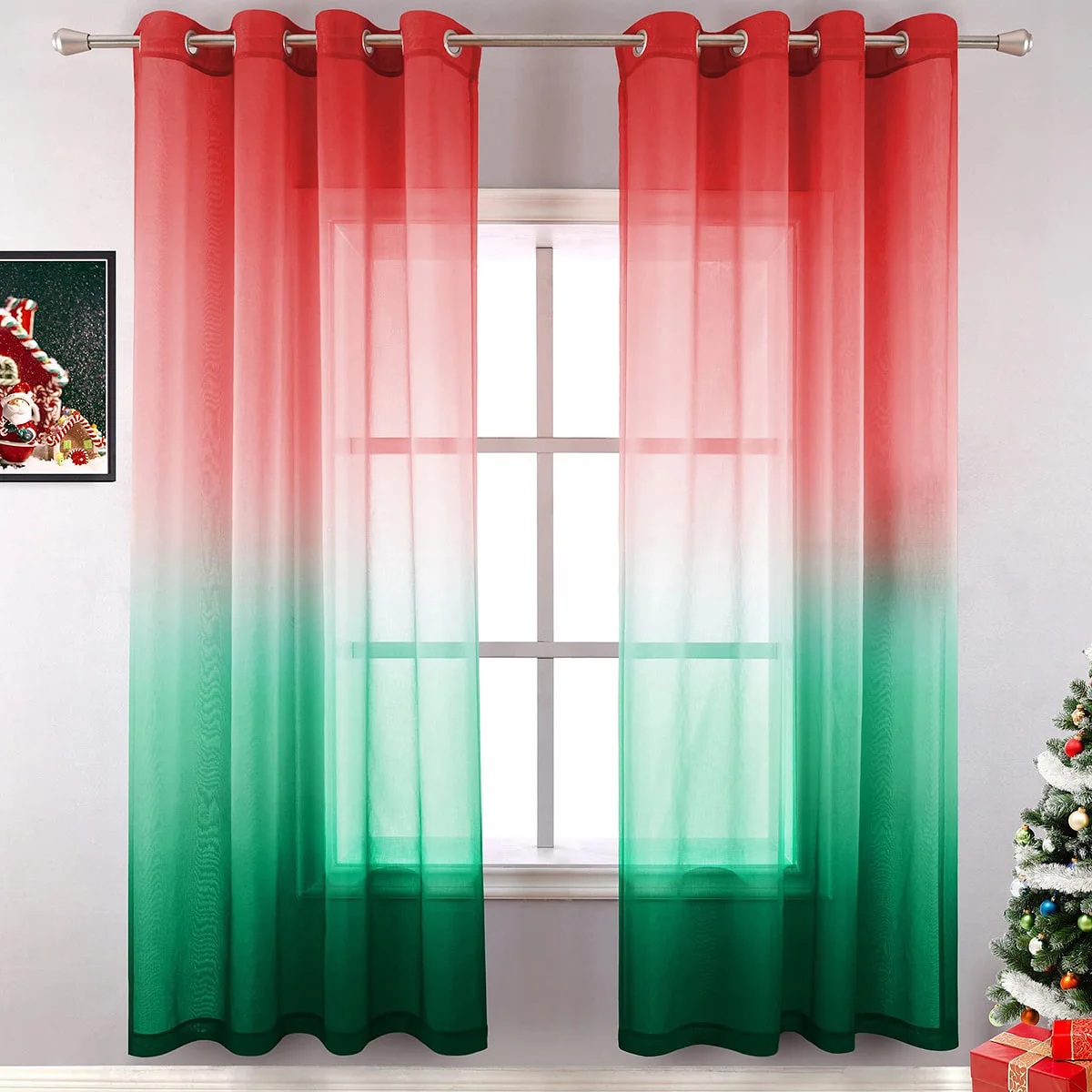 1PC Red Green Contrast Gradient Breathable Grommet Top Curtain, Grand Decorative Gauze Curtains For Bedroom And Living Rooms