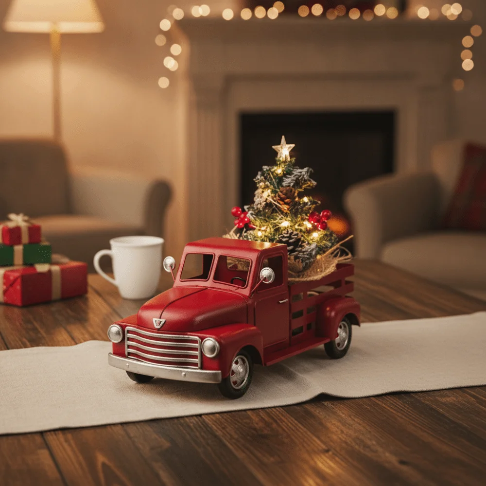 American Rustic Style Red Truck with Christmas Tree Ornament with Light Vintage Christmas Pickup Truck Statue Mini Metal