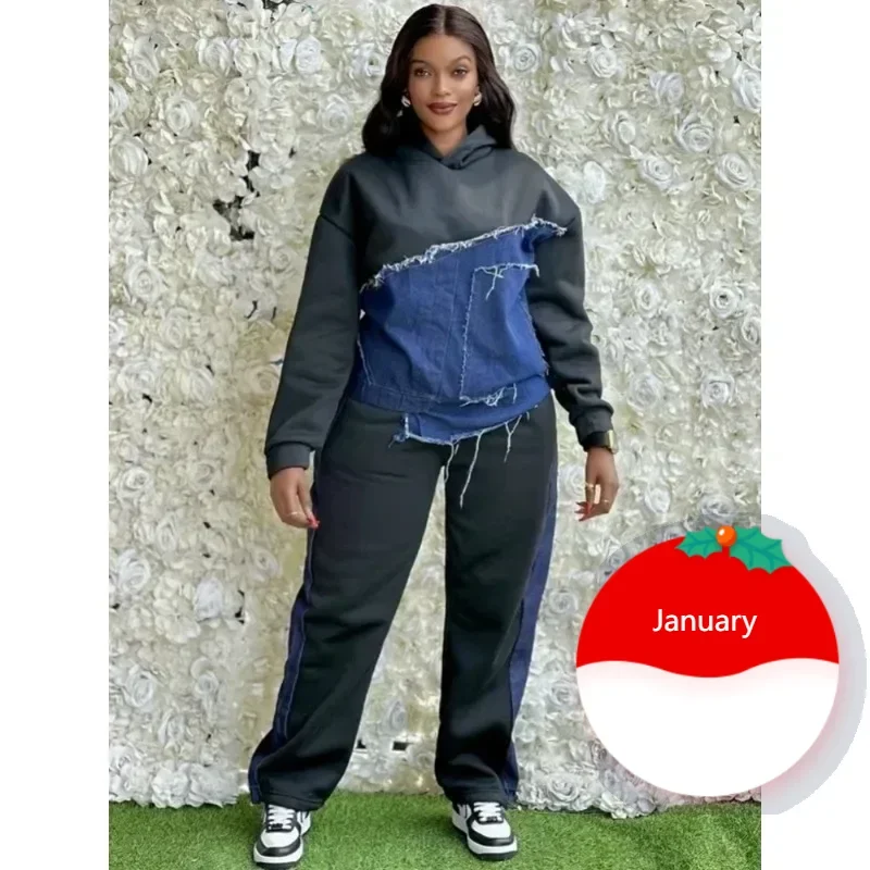 

2 Piece Women Set Dashiki African Clothes Fashion Long Sleeve Denim Top And Pants Suit Party Matching Sets Spring Autumn New