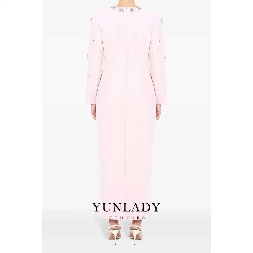 Luxury Dubai Pink Evening Dress V Neck Long Sleeves Crystal Beading Mother of the Bride Prom Dress Wedding Party Gown Customized