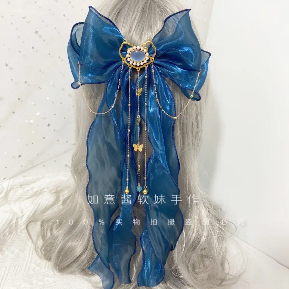 

Blue Oversized Bow Streamer Lolita Small Items Hanfu Chinese Style Hair Accessories Hairpins Lolita Accessories