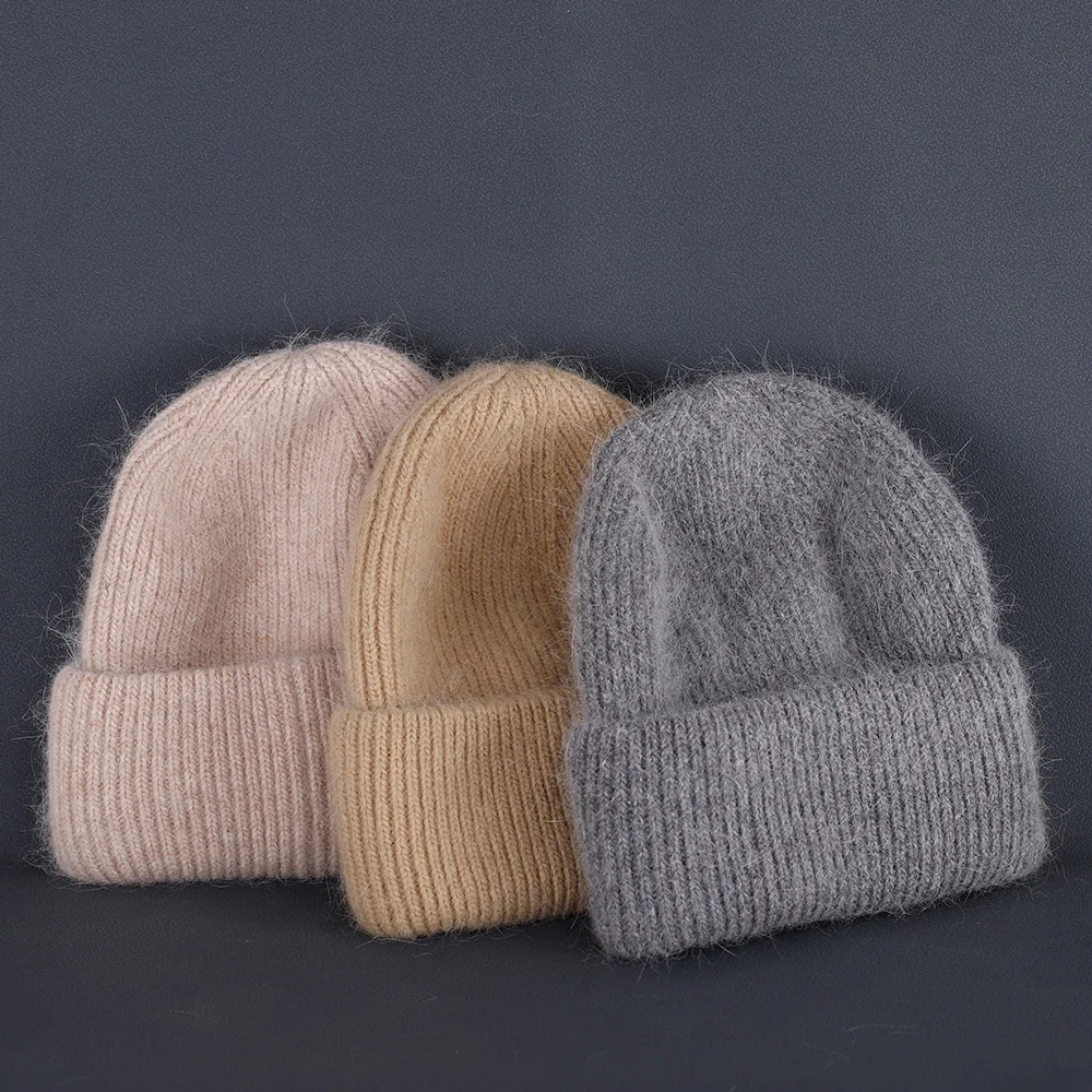 2024 Rabbit Fur Beanies Soft Warm Fluffy Winter Hat for Women Angora Knitted Hat Skullies Beanies Female Bonnet Woman Knit Cap