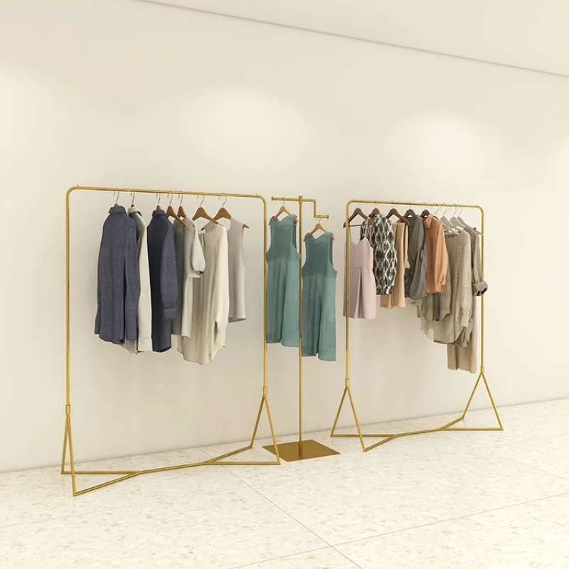 

Custom, retail shop gold stainless steel women garment display stand rack clothing hanging shelf