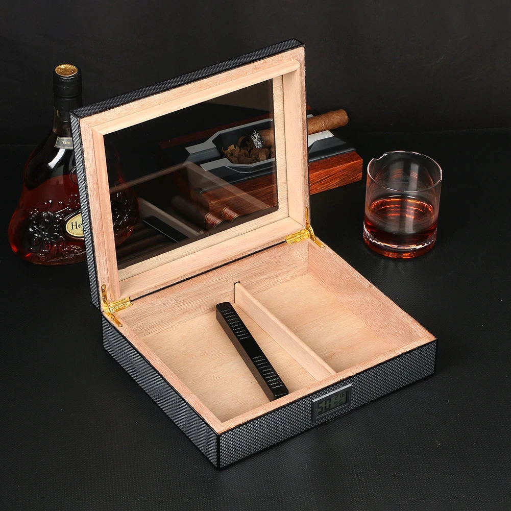 Imagem -02 - Caixa Transparente para Humidor de Charuto Madeira de Cedro Espanhol Aromático Natural com Higrômetro Top Case Segure 20 Charutos