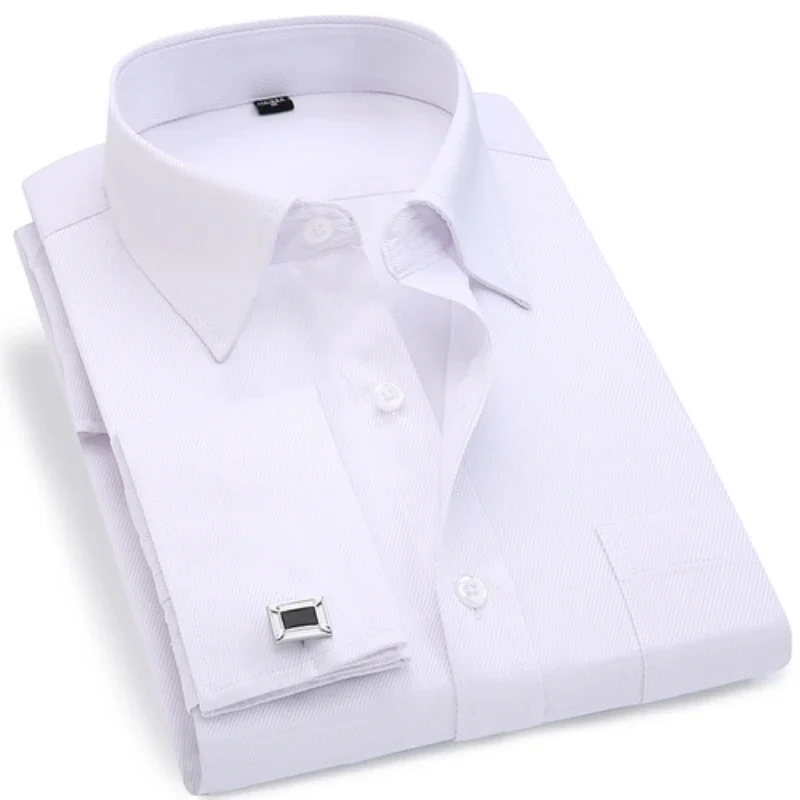 M~6XL Men\'s French Cuff Dress Shirt 2023 New White Long Sleeve Formal Business Buttons Male Shirts Regular Fit Cufflinks Shirt