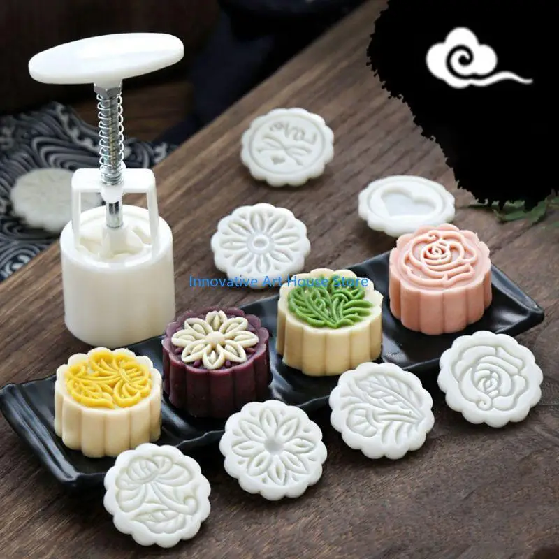 E1PC 8pcs Hand Press Cookie Stamp Moon Cake Decor Mould Barrel Mooncake Mold 75g Pastry DIY Tool