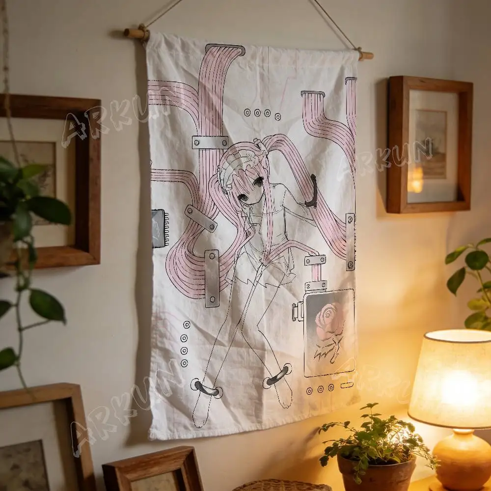 Cool Y2K Anime Girl Tapestry Pink Circuit Wire Line Art Tech Sketch Aesthetic for Bedroom Dorm Room Wall Decor