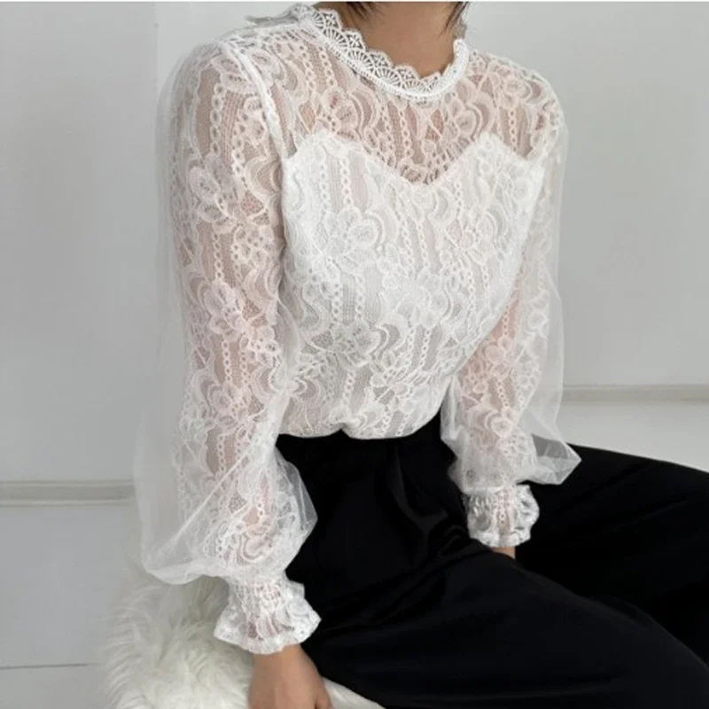 

Fashion Office Lady Stand Collar Tops Women Elegant Lace Mesh Blouse Spring Long Sleeve Shirt Korean Loose Clothes Blusas 28054