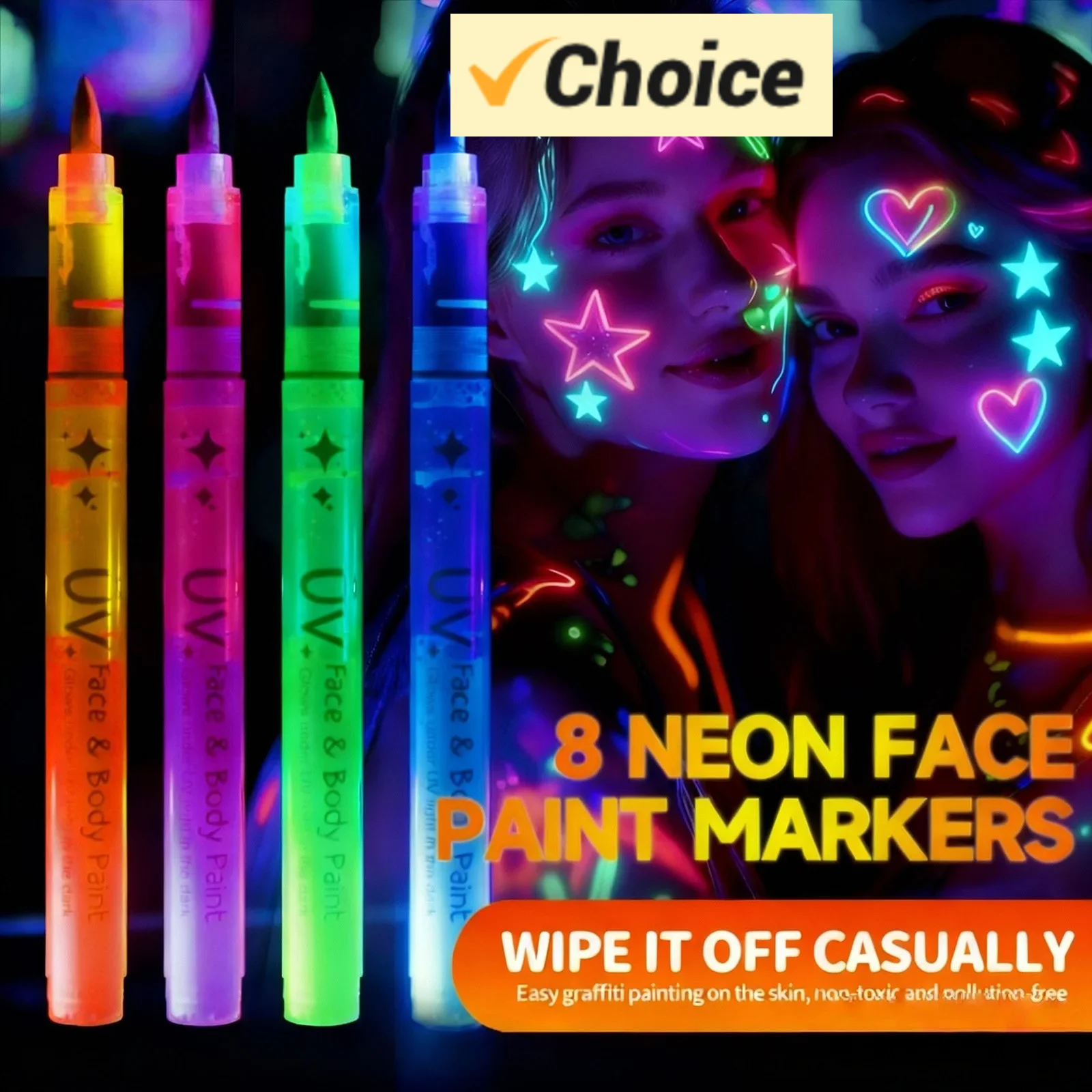 

8-Color Uv Neon Face & Body Paint Markers - Glow Bright Under Black Light For Epic Glow Parties, Carnivals & Festivals, Washable