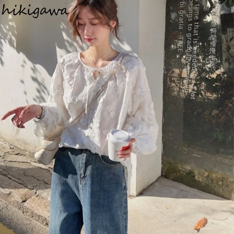 Summer Camisas De Mujer 2024 Bandage O-neck Long Sleeve Blouse Women Clothing Loose Floral Sweet Tops See Through Korean Blouses