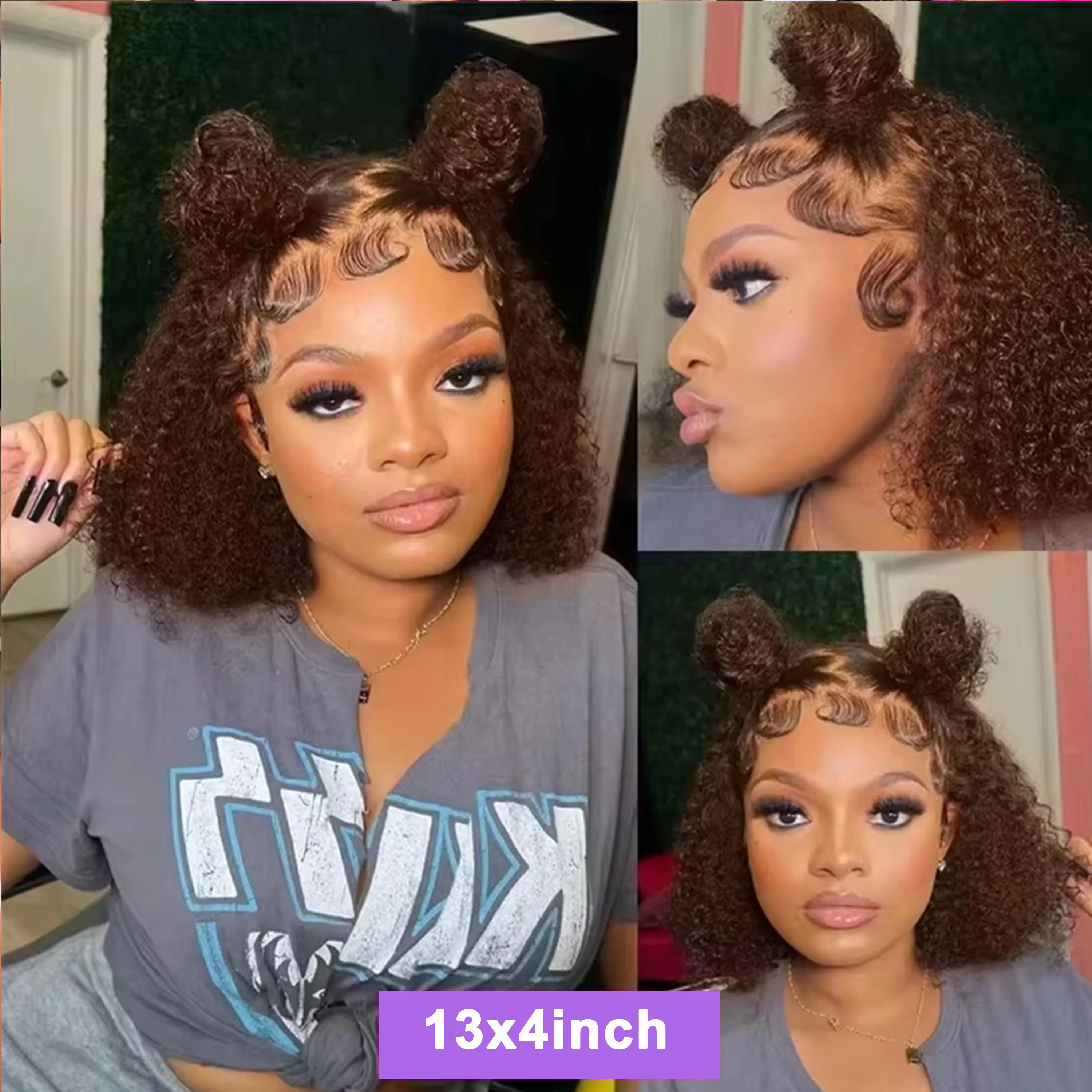 16インチ # チョコレートブラウンボブウィッグ人毛ディープウェーブカーリー13x4 HDレースフロントウィッグ200%密度ブラウンウォーターウェーブ人毛ウィッグ