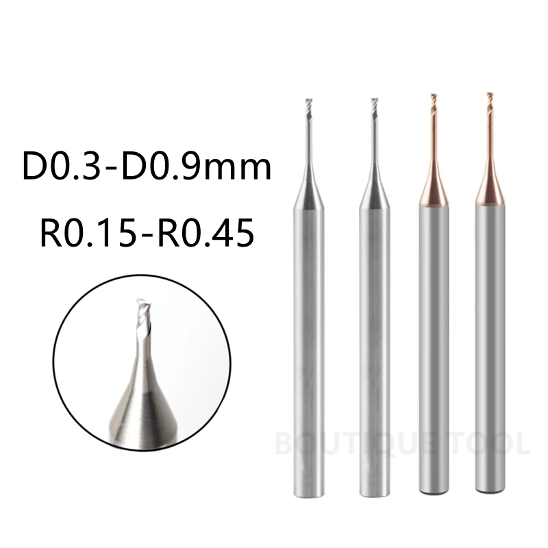 D0.3/0.4/0.5/0.6/0.7/0.8/0.9mm Mini Long Neck End Groove Milling Cutter Ball R0.15/0.2/0.25/0.3/0.35/0.4/0.45 For Steel Aluminum