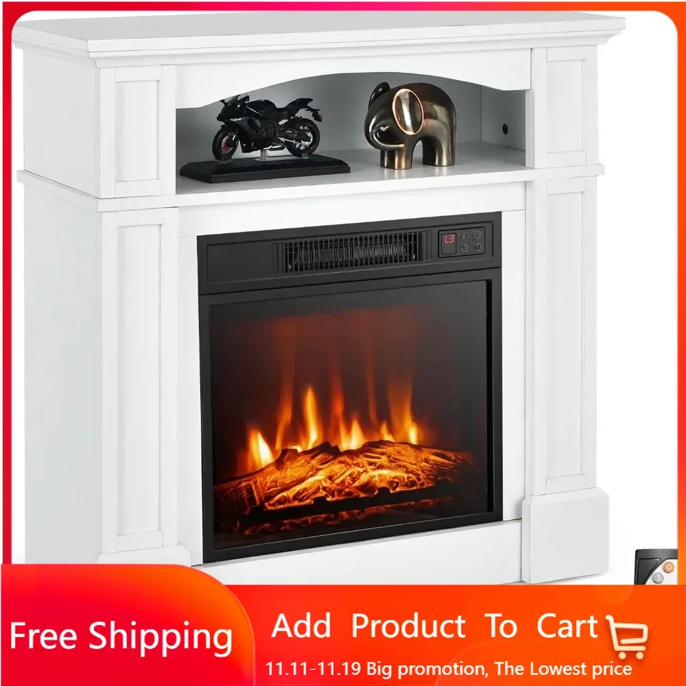 Electric Fireplace Mantel, Freestanding Wooden Surround Firebox with 1400W Fireplace Heater, Remote Control, White