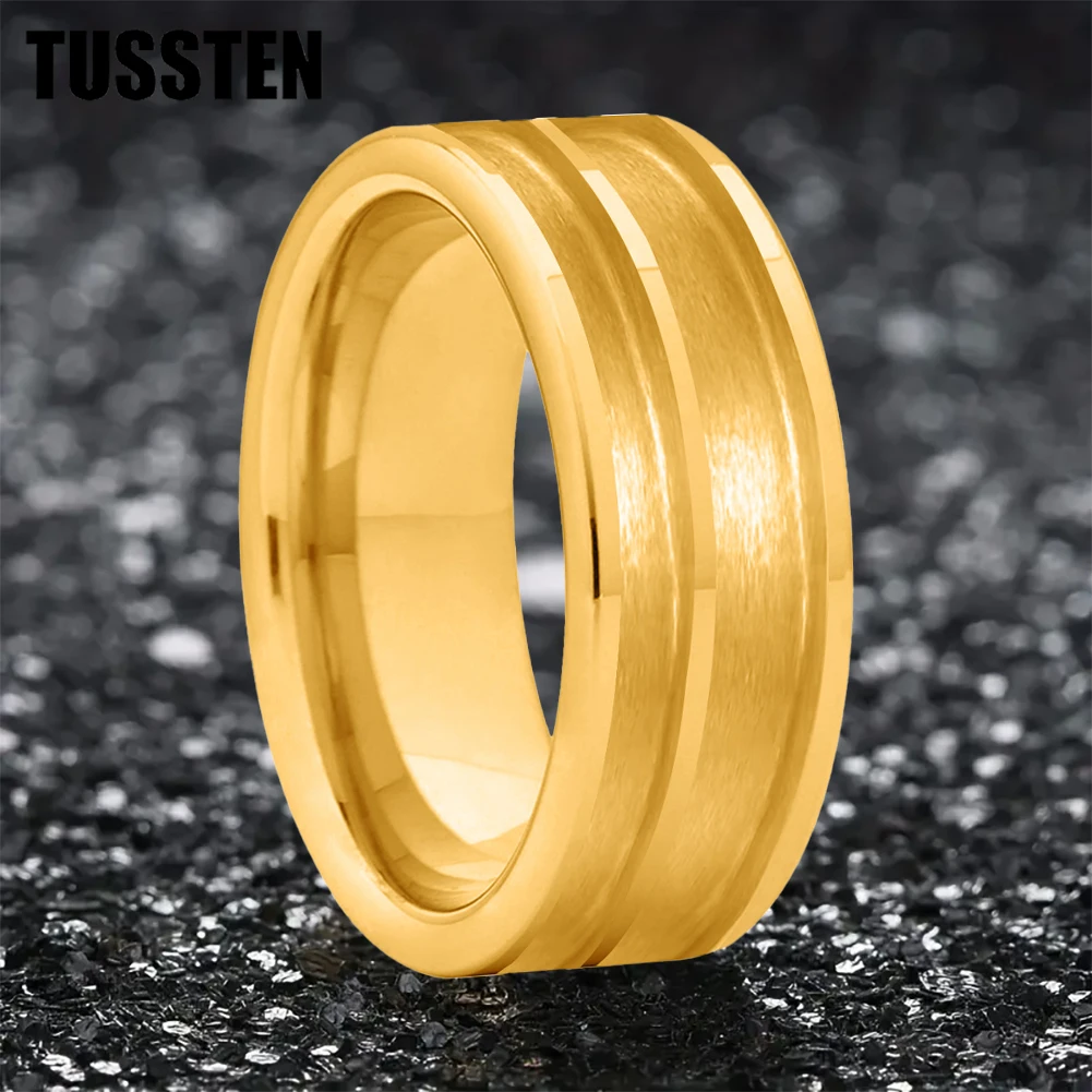 Dropshipping TUSSTEN 8MM Gold Tungsten Blank Ring for Customized Inlay with 1.1mm Treble Grooves Plane Comfort Fit