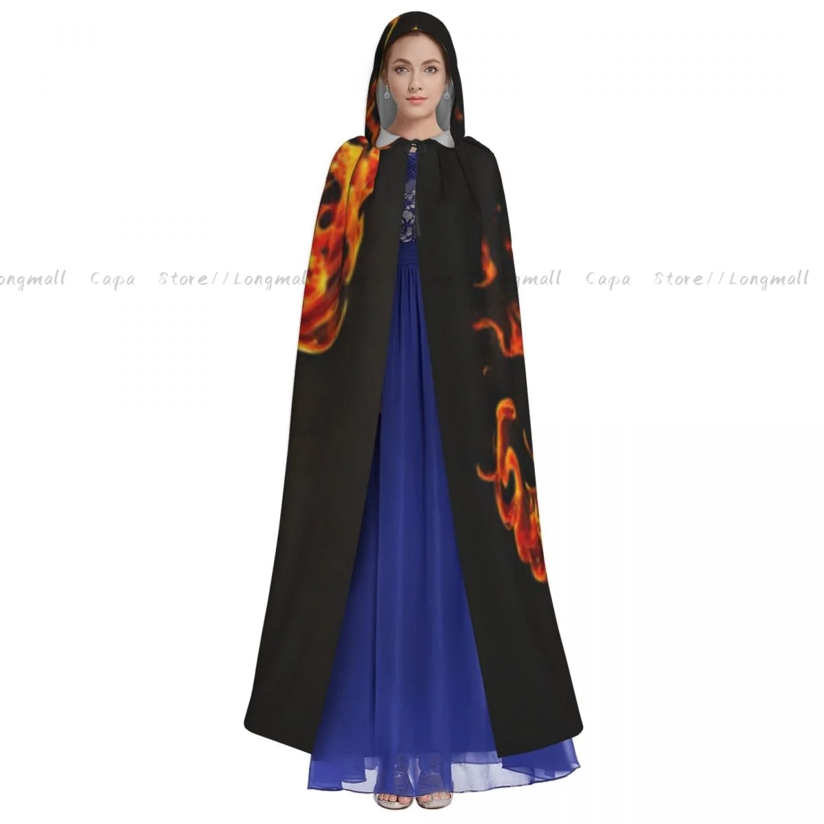 Adult Vampire Cape Hooded Robe Blaze Fire Flame Halloween Cloak Full Length Cosplay