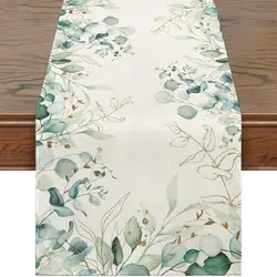 Camino de mesa de lino con hojas de eucalipto, mantel de comedor lavable para Decoración de cocina y habitación, color verde, Primavera