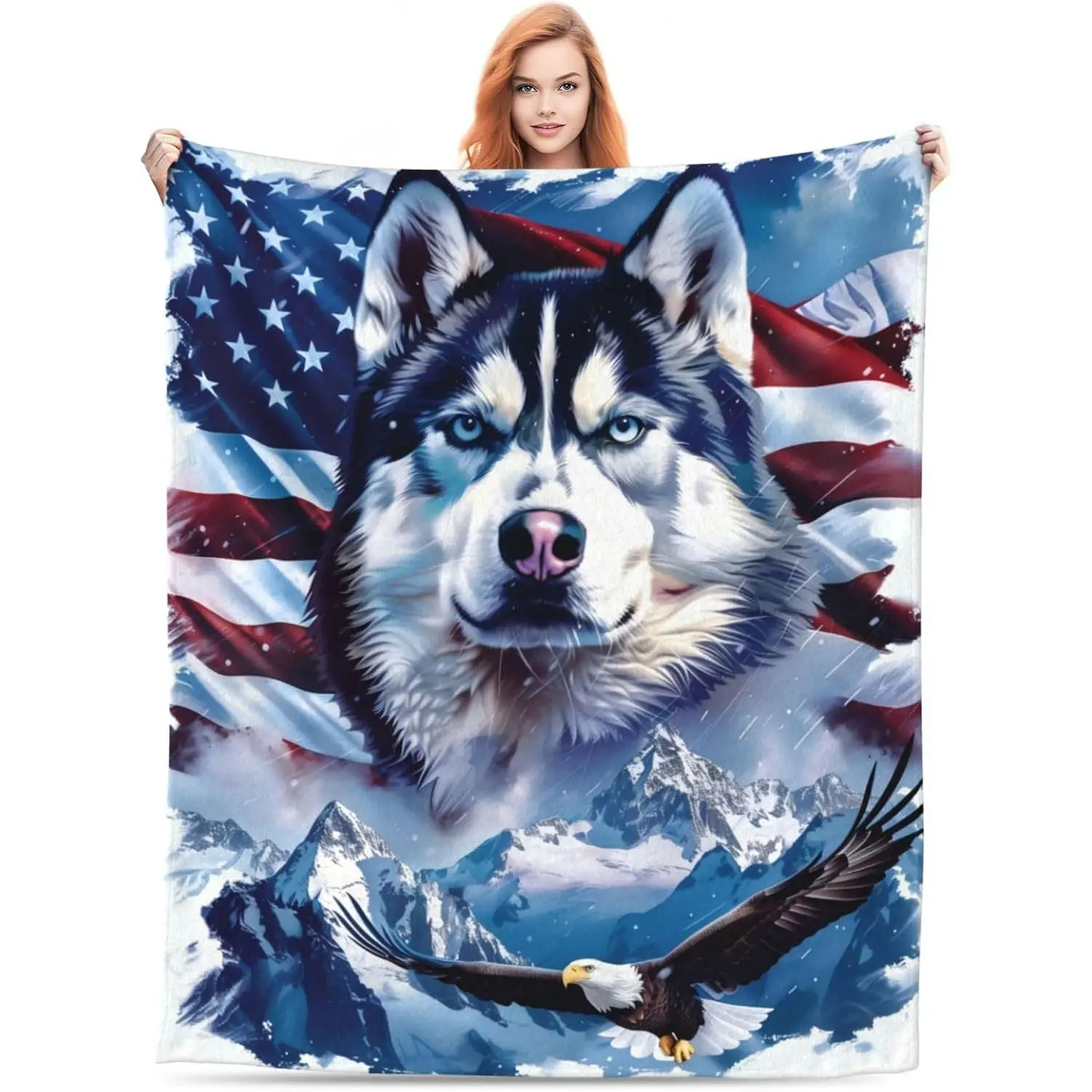 

Husky and Eagle Blanket Gifts for Women Adults American Flag Husky Dog Themed Throw Blankets Soft Cozy Lightweight Plush Throws