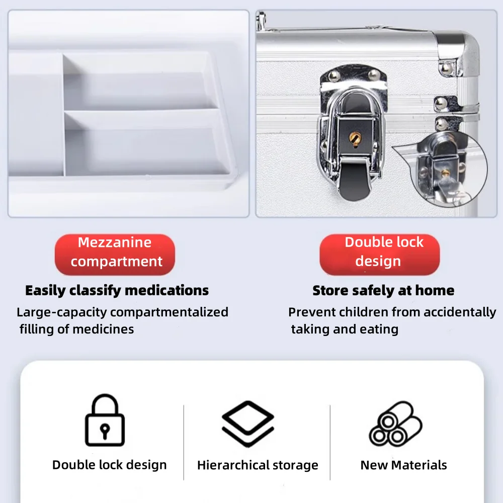 Medicine Box Case First Aid Kit Medicine Kit Metal Medicine Storage Tin First Aid Empty Box with Safety Lock for Home Emergency