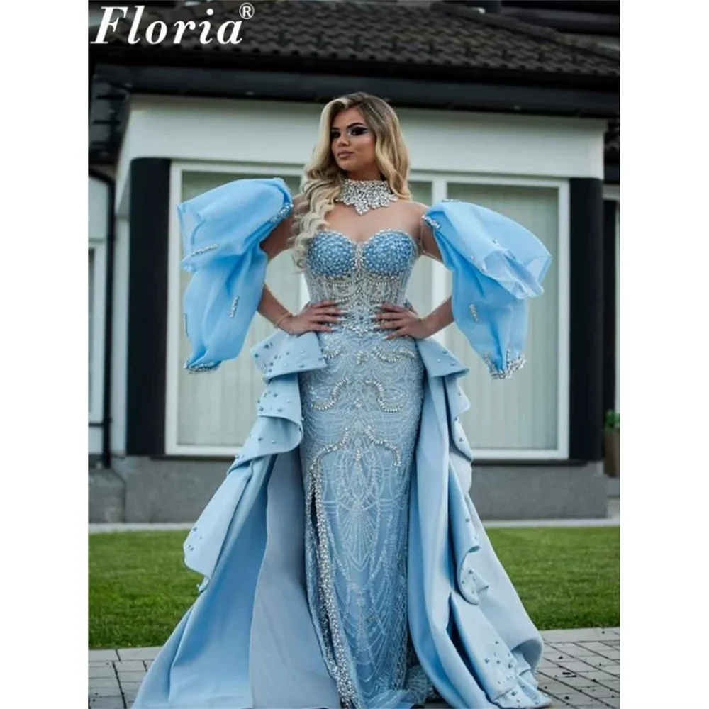 Two Pieces Blue Beading Evening Dresses Luxurios Pearls Tiered Train Formal Prom Dress Customized Engagement Party Gowns Robes