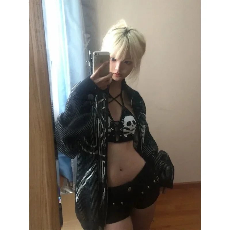 Deeptown Y2k Harajuku damskie rozpinane swetry Vintage gotycki Kint Grunge koreańska moda Oversized jesień Streetwear