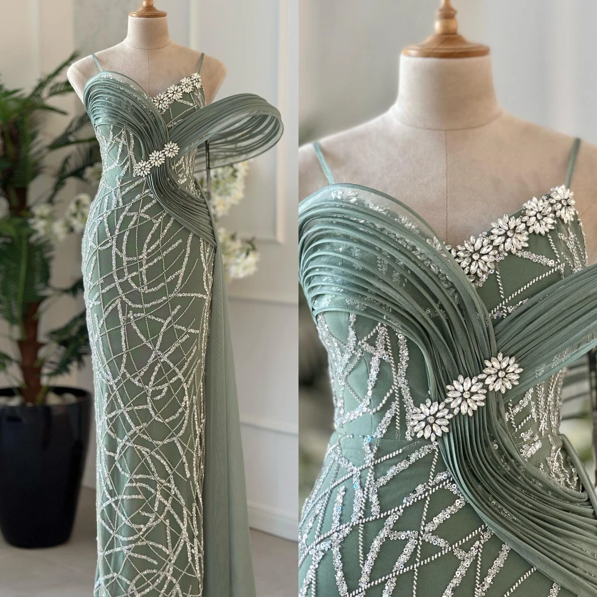 New Green Mermaid Evening Gown Sparkling Beaded Crystal Spaghetti Straps Long Formal Prom Gown Birthday Party Dress Customized