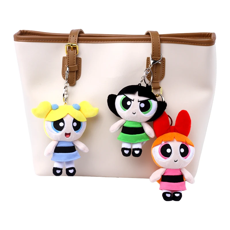 Genuíno 12-13cm powerpuff meninas 2-1 chaveiro de pelúcia bolhas buttercup boneca pingente bonito menina coração saco pendurado decoração moe