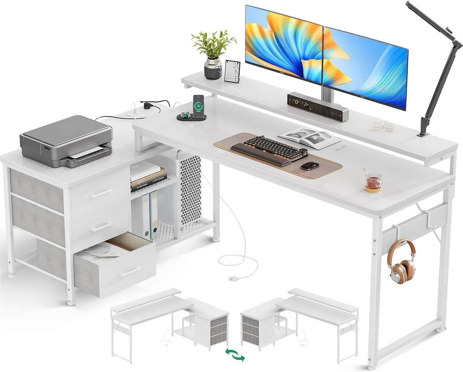 

Home Office L-Shaped Computer Desk White 70 Inch Power Outlets & USB Ports Drawers Monitor Stand Storage Cabinet Workstation